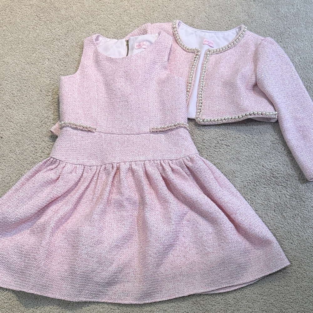 Zoe Ltd Elegant tweed Pink and pearl Formal Dress with Pearl Jacket size 14/16